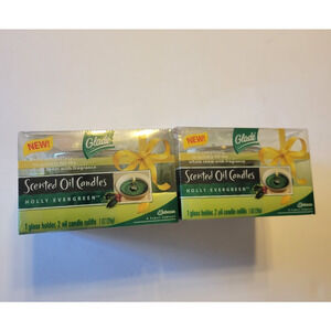 Vtg (2)‎ Glade Scented Oil Candles Holly Evergreen Glass Holder & Candle Refill